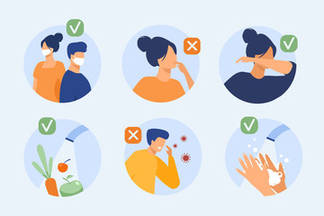 Protection from coronavirus tips. Safety list for prevention spreading, avoidance people with flu symptoms and cough. Vector illustration for, 2019-ncov, corona virus, healthcare concept