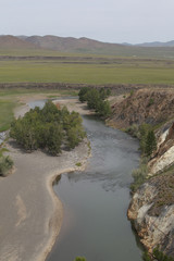 Famous tourist place of Mongolia: Orkhon river. Mongolian landscape. Scenic nature of Mongolia,...