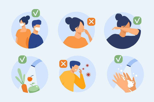 Protection From Coronavirus Tips. Safety List For Prevention Spreading, Avoidance People With Flu Symptoms And Cough. Vector Illustration For, 2019-ncov, Corona Virus, Healthcare Concept