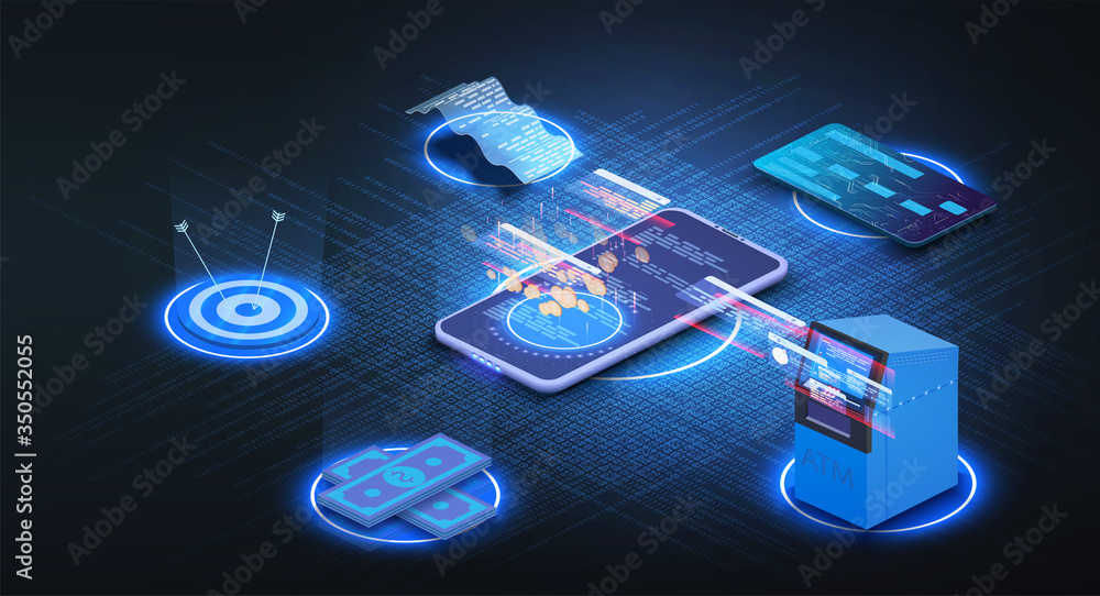 Aufkleber investment strategies and process isometric web banner. phone with business icons and charts, financ
