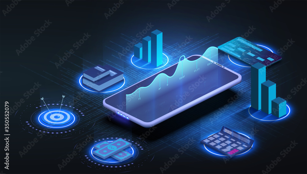 Poster investment strategies and process isometric web banner. phone with business icons and charts, financ