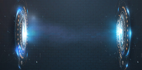 Futuristic neon circles, portal. Hologram of space or cyberspace for presentations or video games. Abstract style, circle on blue background. Technology communication design innovation background. HUD © ZinetroN