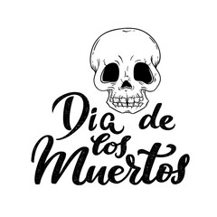 Day of the dead, Dia de los Muertos traditional Mexican party, Halloween banner with sugar skull with fractures, monochrome art and hand drawn calligraphy for banner, logo, invitation, celebration