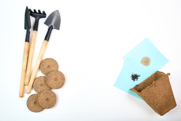 Tools, seeds, peat pots and pressed ground for seedlings. Copyspace for text, top view. Growing food on windowsill. Flatlay on white wooden background