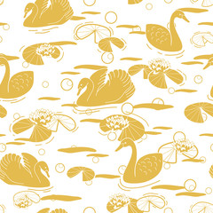 Swans, water lily and lily pads Gold silhouettes seamless background design