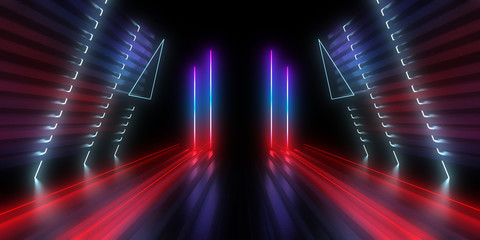 3D abstract background with neon lights. neon tunnel .space construction . 3d illustration