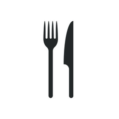 Fork and knife icon logo. Simple flat shape restaurant or cafe place sign. Kitchen and diner menu symbol. Vector illustration image. Black silhouette isolated on white background.