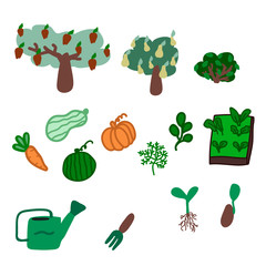 Set, hand-drawn illustration, farm plant growing. A set of items and things that come in handy on the farm. People on a farm in boots. Set for a beginner gardener. Stay indoors. Vector illustration
