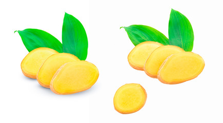 Fresh ginger, sliced leaves isolated on white background