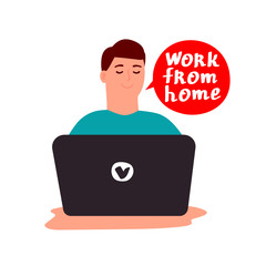 Young man with laptop works from home. Vector concept for workplace, freelance, business, work at home. Man worker character isolated on a white background.