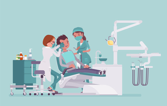 Female dentist at work in clinic. Dentistry office with professional equipment, male patient in reception room for dental therapy and teeth medicine help. Vector flat style cartoon illustration
