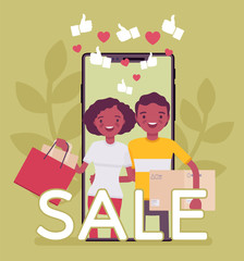 Mobile sale, e-commerce smartphone application. Black people, happy consumers using phones to shop, holding bags, purchase box, service for buying via device. Vector flat style cartoon illustration