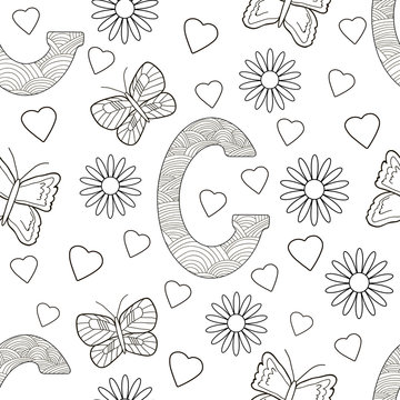 Letter G with flowers, leaves and butterflies. Seamless pattern. Coloring page.