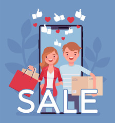 Mobile sale, e-commerce smartphone application. Young people, happy consumers using phones to shop, holding bags, purchase box, service for buying via device. Vector flat style cartoon illustration