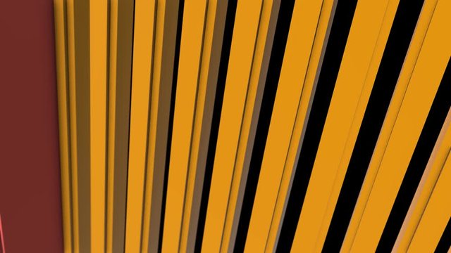 Abstract vertical 3D yellow and red bars moving on black background. Animation. Yellow parallel volumetric panels flowing towards the red panels, seamless loop.