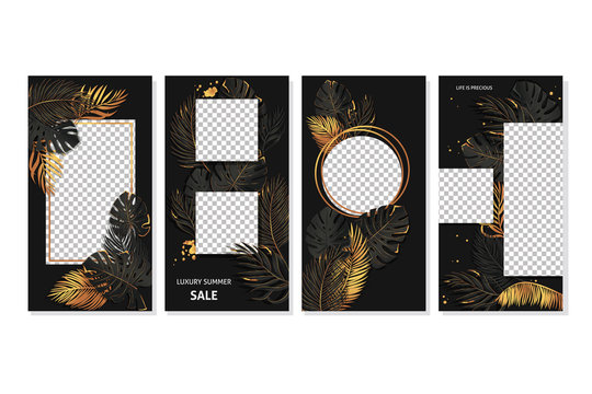 Social media stories vector templates with gold and black exotic leaves. Vector set of banner templates with luxury tropical leaves. 