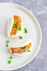 Vertical Photo of Chinese Bao Buns with Crispy Fried Chicken, Top View Food, Asian Food Photography
