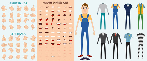 Worker Character set with Hand Expression, Mouth Expression and Different Dress vector Illustration editable source file