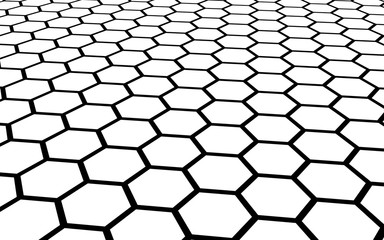 Black honeycomb on a white background. Perspective view on polygon look like honeycomb. Isometric geometry. 3D illustration