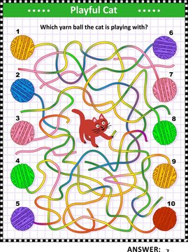Maze game or visual puzzle with multicolor yarn clews: What yarn ball the red cat is playing with? Answer included.
