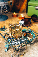 Desk full of accessories for women.