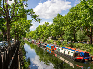 London- Canal boats in Little Venice, a tranquil waterside area with cafes and restaurants 