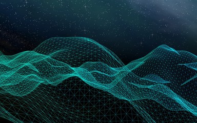 Abstract landscape on a dark background. Cyberspace grid. hi tech network. Outer space. Starry outer space texture. 3D illustration