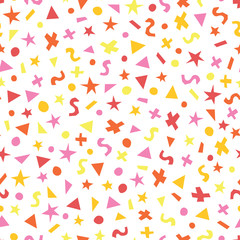Obraz premium Kids geometric shapes seamless vector pattern. Triangles, dots, stars, and circles in pink, orange, red, and yellow on a white background. Geometric shapes backdrop for fabric, surface pattern decor