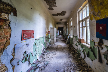 Interior of abandoned school in Mashevo vilage located in Chernobyl exclusion area, Ukraine