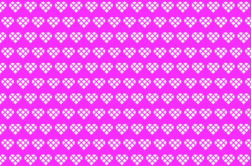 Horizontal rows of white hearts made from square blocks make a simple repeating pattern against a bright pink background