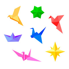 Origami. Vector set of color paper figures: star, birds, ship.
