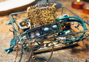 Desk full of accessories for women.