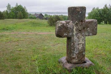 Road cross of the XII century on the route from the Varangians to the Greeks. Vicinities of Novinka village (Tver Oblast), Sterzh Lake (Upper Volga Region), Russia.