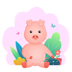 Cute pig sitting with nature background, vector illustration design	
