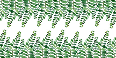 Seamless grassy border for greeting cards. Bright summer print in green on a white background.