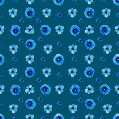 Bright seamless pattern with blue flowers on a blue background. Children's print. Summer seamless pattern. Summer print for wallpaper, textiles, factories, wrapping paper.