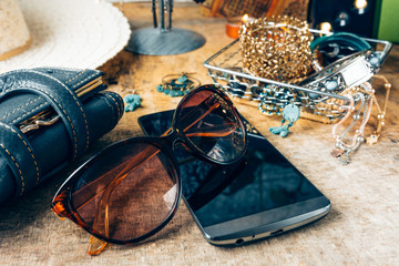 night table full of complements for the woman