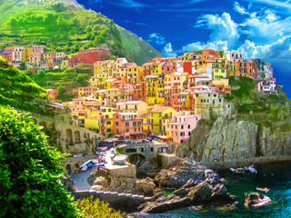 Aerial View of scenic Manarola colorful village of Cinque Terre National Park, Unesco Heritage. region of Italy, Europe.