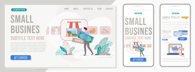 Small business website. Landing page for small business owner with mobile and pc site template. Homepage website layout design concept.