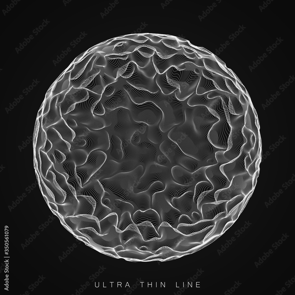 Poster vector abstract ultra thin line sphere. fluid dynamic distorted spheres. futuristic fractal noise il