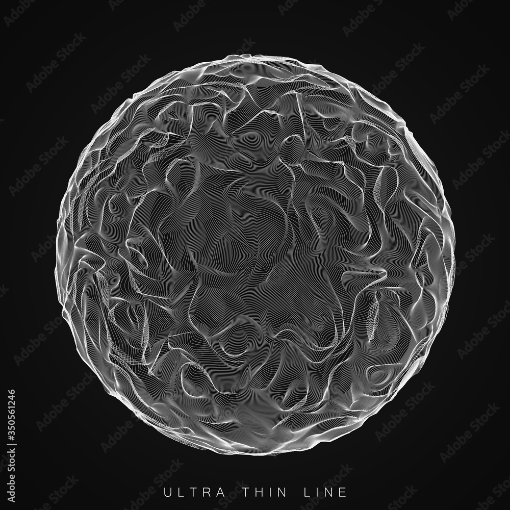 Poster vector abstract ultra thin line sphere. fluid dynamic distorted spheres. futuristic fractal noise il