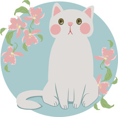 
image of a white cat with pink cheeks and green eyes, which sits on a blue background with beautiful pink flowers