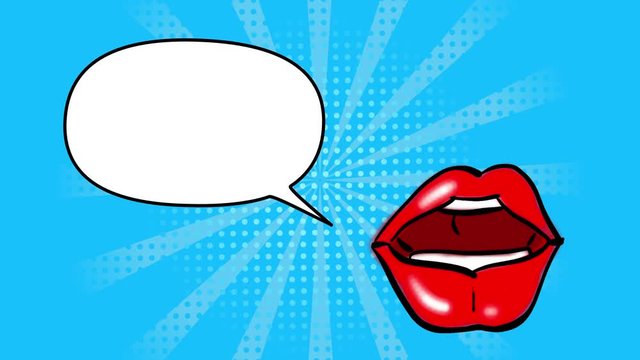 Hand drawing animation lips with speech bubble. Cartoon looping animation in pop art style. 4k.