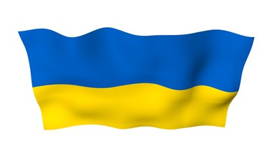 The flag of Ukraine on a white background. National flag and state ensign. Blue and yellow bicolour. 3D illustration waving flag