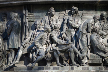 Naklejka premium Millennium of Russia monument in Novgorod Kremlin. Mikhail Lazarev, Vladimir Kornilov, Nakhimov, Lomonosov, Fonvizin, Alexander Kokorinov, Derzhavin, Fyodor Volkov, Karamzin, Krylov, Vasily Zhukovsky.