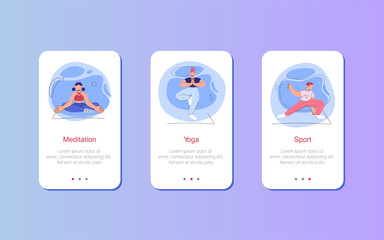 Mobile UX UI interface template, application interface framework. Stylized cartoon characters. The characters are engaged in fitness, sports, yoga, meditate. Healthy lifestyle and beauty.