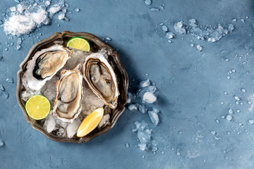 Oysters on ice, top shot with lemon and lime, with copy space