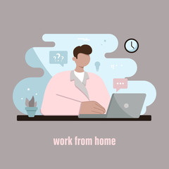Vector illustration for web design. Freelancer is sitting at the computer. Works from home. Work in the office. Designer, programmer, writer, illustrator. Stylized cartoon characters.