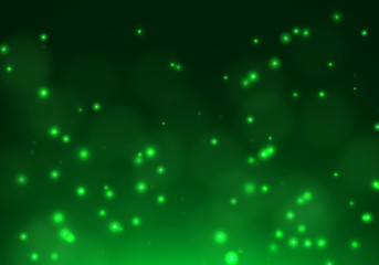 Green bokeh light background. Sparkle effect with particles. Magic overlay dust. Glitter blur texture.