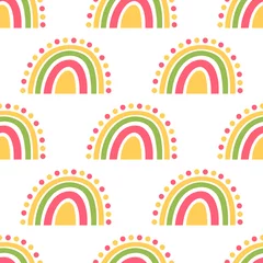 Tapeten Nahtloses Muster mit buntem Regenbogen, auf weißem Hintergrund, im skandinavischen Stil. Es kann für Verpackungen, Geschenkpapier, Textilien, Wohnkultur usw. verwendet werden. © viairevi